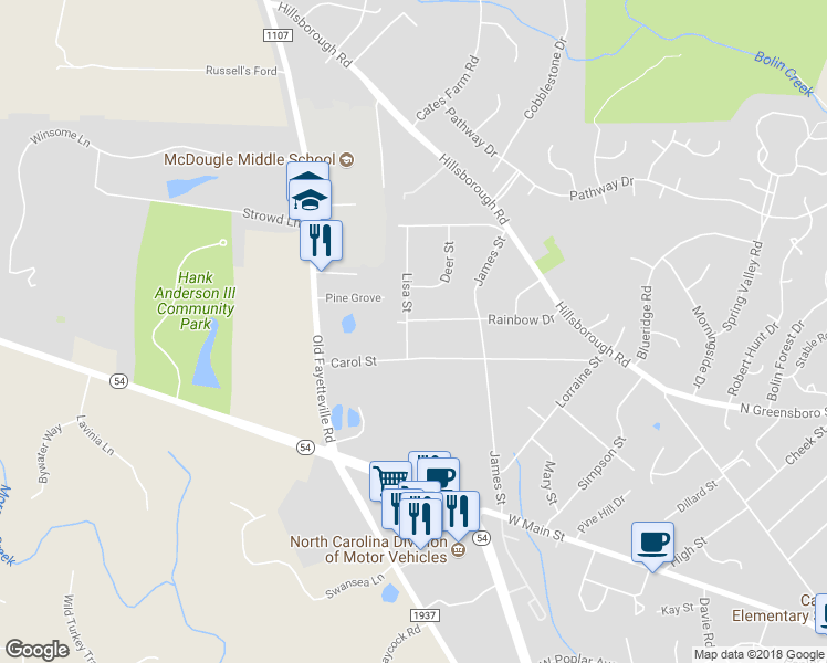 map of restaurants, bars, coffee shops, grocery stores, and more near 300 Lisa Drive in Carrboro