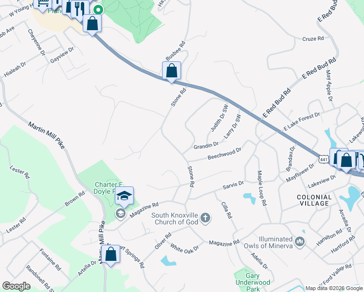 map of restaurants, bars, coffee shops, grocery stores, and more near 206 Stone Road in Knoxville