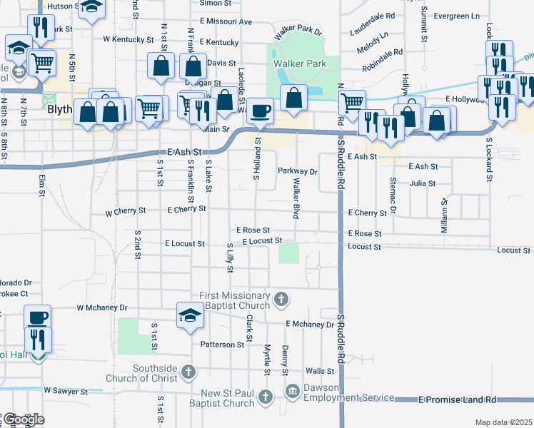 map of restaurants, bars, coffee shops, grocery stores, and more near 507 East Cherry Street in Blytheville