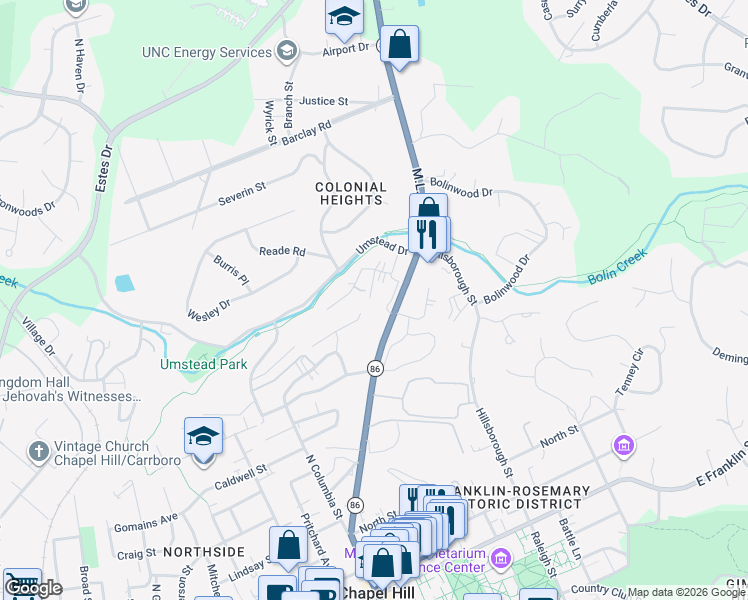 map of restaurants, bars, coffee shops, grocery stores, and more near 205 Sunrise Lane in Chapel Hill