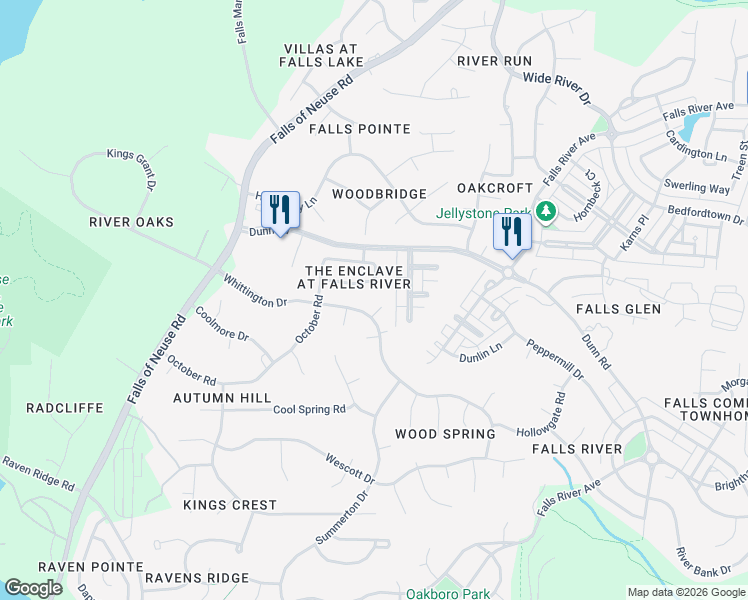 map of restaurants, bars, coffee shops, grocery stores, and more near 11205 Tinsley Court in Raleigh