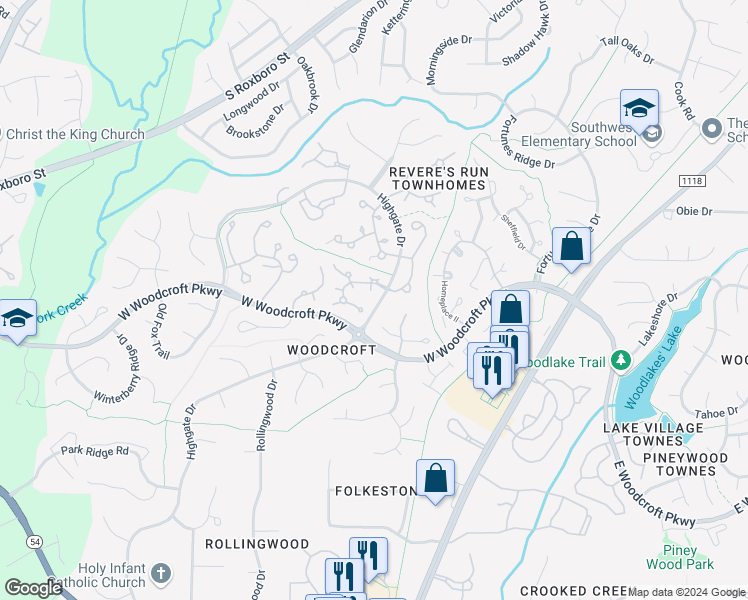 map of restaurants, bars, coffee shops, grocery stores, and more near 6 Weathergreen Court in Durham