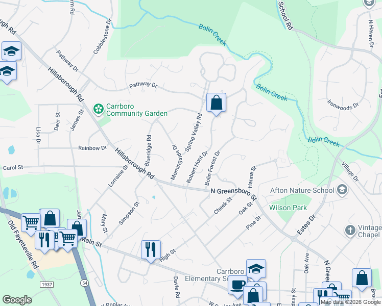 map of restaurants, bars, coffee shops, grocery stores, and more near 213 Robert Hunt Drive in Carrboro