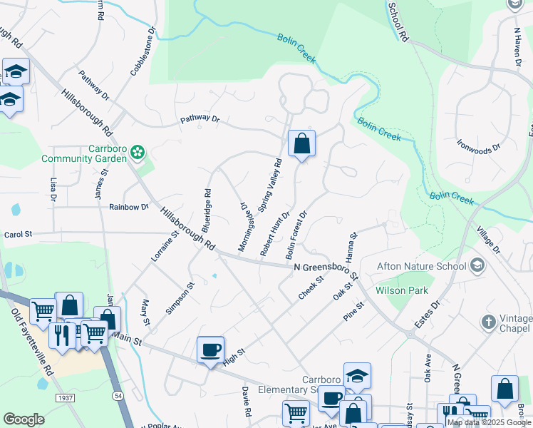 map of restaurants, bars, coffee shops, grocery stores, and more near 213 Robert Hunt Drive in Carrboro