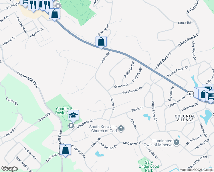 map of restaurants, bars, coffee shops, grocery stores, and more near 206 Stone Road in Knoxville