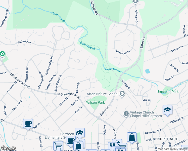 map of restaurants, bars, coffee shops, grocery stores, and more near 145 Viburnum Way in Carrboro