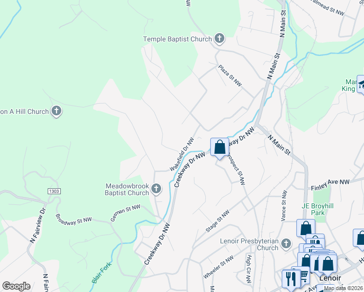 map of restaurants, bars, coffee shops, grocery stores, and more near 1410 Wakefield Drive Northwest in Lenoir