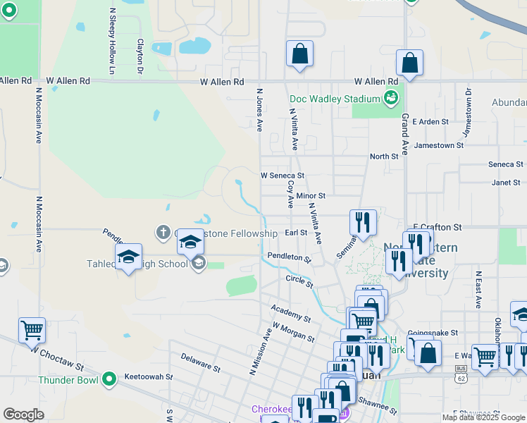 map of restaurants, bars, coffee shops, grocery stores, and more near 426 York Street in Tahlequah