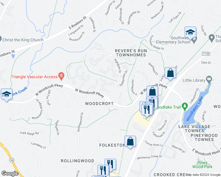 map of restaurants, bars, coffee shops, grocery stores, and more near 8 Weathergreen Court in Durham