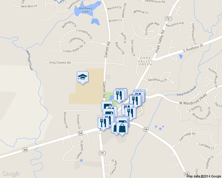 map of restaurants, bars, coffee shops, grocery stores, and more near 6800 Garrett Road in Durham