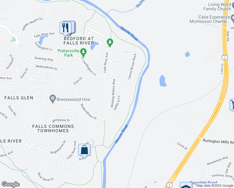 map of restaurants, bars, coffee shops, grocery stores, and more near 3067 Settle in Lane in Raleigh