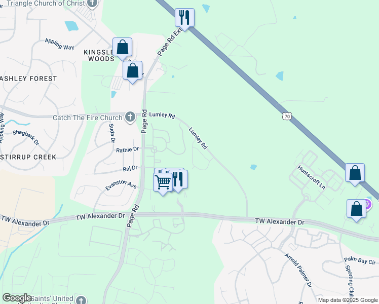 map of restaurants, bars, coffee shops, grocery stores, and more near 208 Spaniel Drive in Morrisville