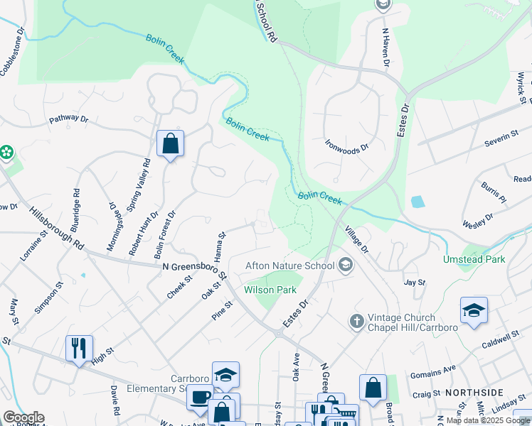 map of restaurants, bars, coffee shops, grocery stores, and more near 145 Viburnum Way in Carrboro