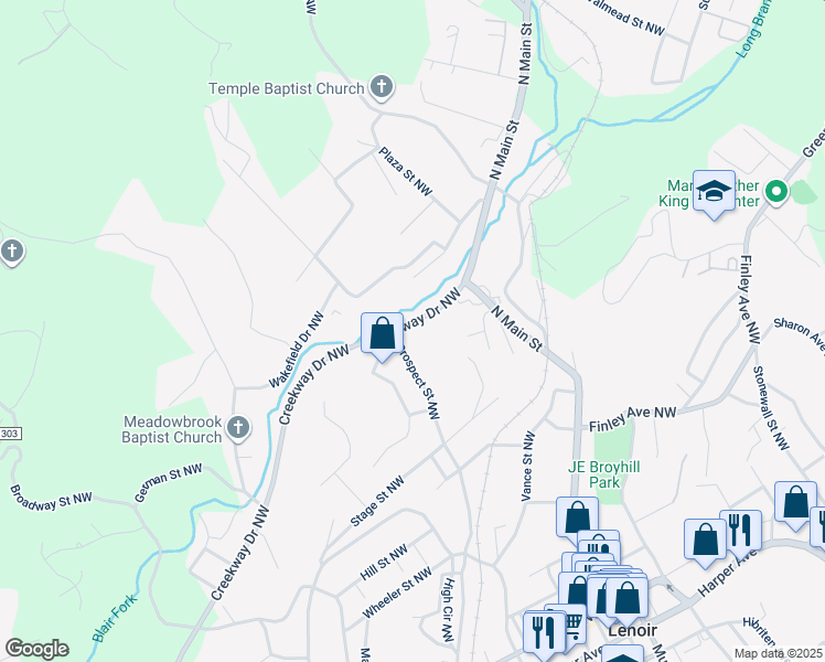 map of restaurants, bars, coffee shops, grocery stores, and more near 908 Creekway Drive Northwest in Lenoir