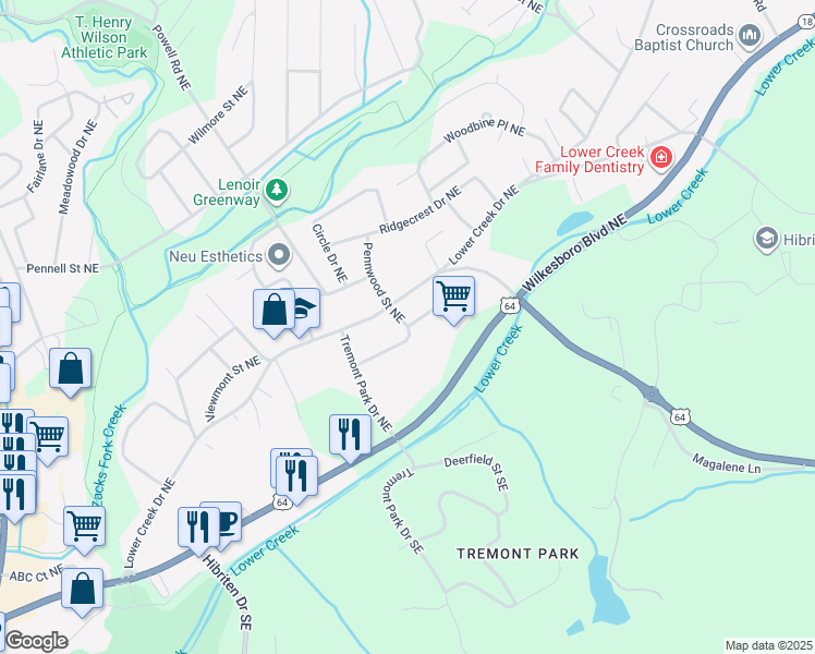 map of restaurants, bars, coffee shops, grocery stores, and more near 799 Hillsfarm Street Northeast in Lenoir