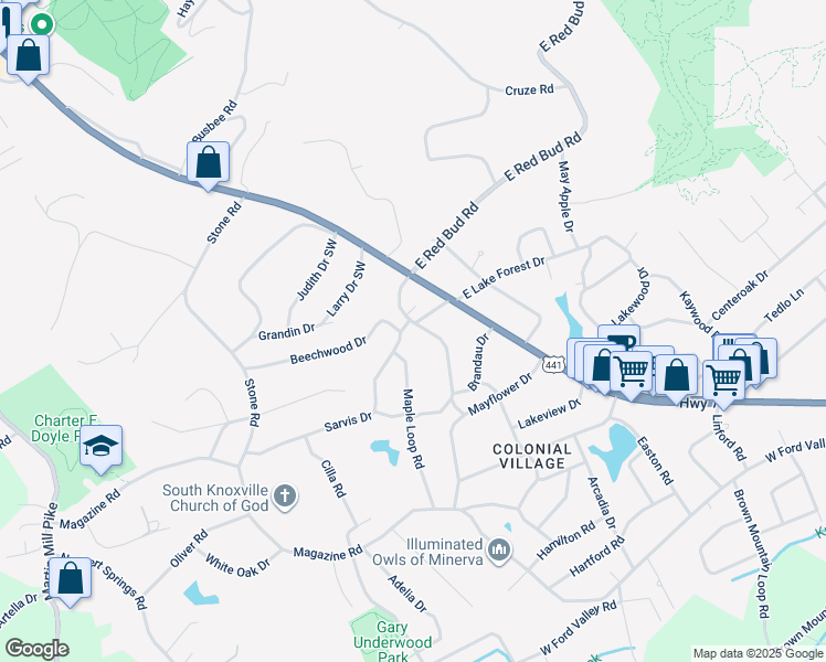 map of restaurants, bars, coffee shops, grocery stores, and more near 201 West Red Bud Road in Knoxville