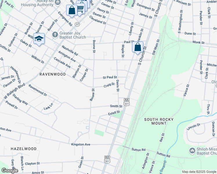 map of restaurants, bars, coffee shops, grocery stores, and more near 425 Craig Street in Rocky Mount