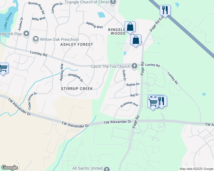 map of restaurants, bars, coffee shops, grocery stores, and more near 5372 Lumley Road in Durham