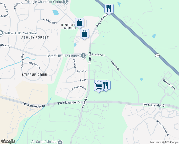 map of restaurants, bars, coffee shops, grocery stores, and more near 2332 Page Road in Morrisville