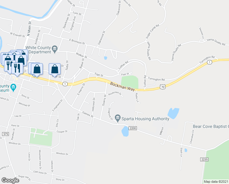 map of restaurants, bars, coffee shops, grocery stores, and more near 100 Knollcrest Drive in Sparta