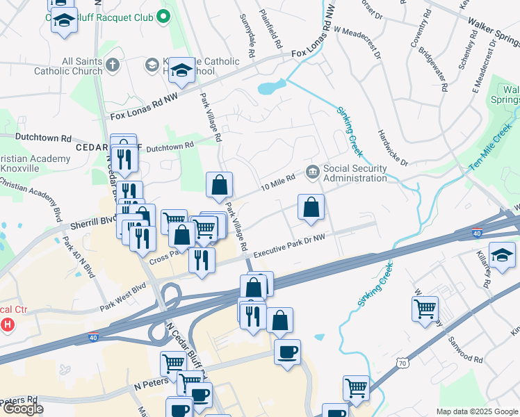 map of restaurants, bars, coffee shops, grocery stores, and more near 9051 Cross Park Drive in Knoxville