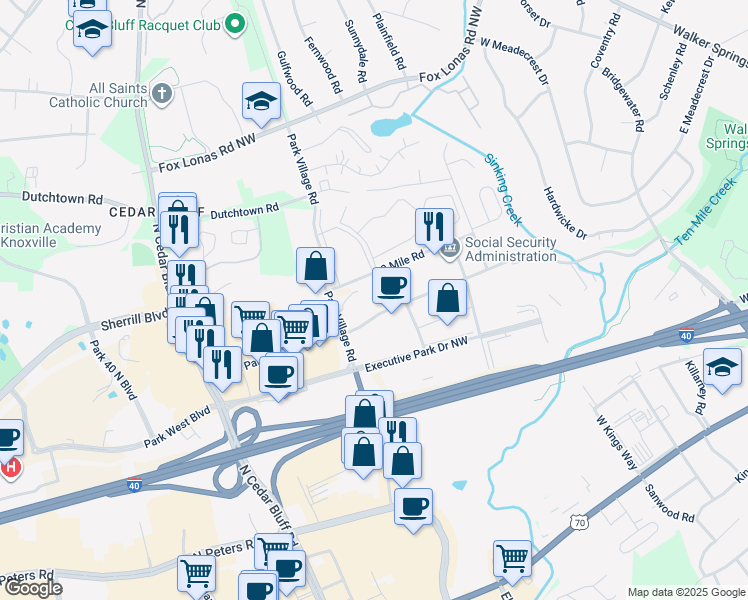 map of restaurants, bars, coffee shops, grocery stores, and more near 9051 Cross Park Drive in Knoxville