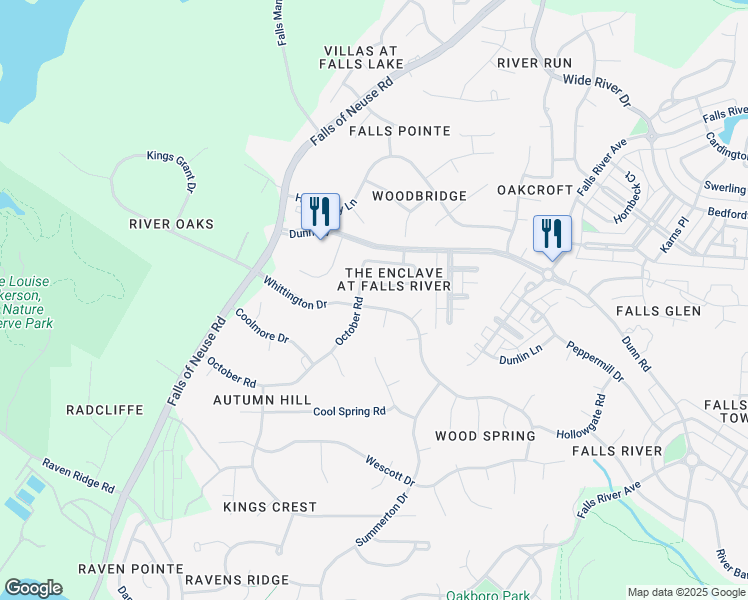 map of restaurants, bars, coffee shops, grocery stores, and more near 1505 Whittington Drive in Raleigh