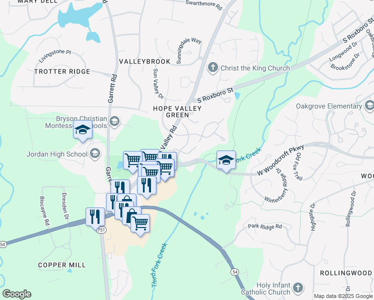 map of restaurants, bars, coffee shops, grocery stores, and more near 4657 Hope Valley Road in Durham