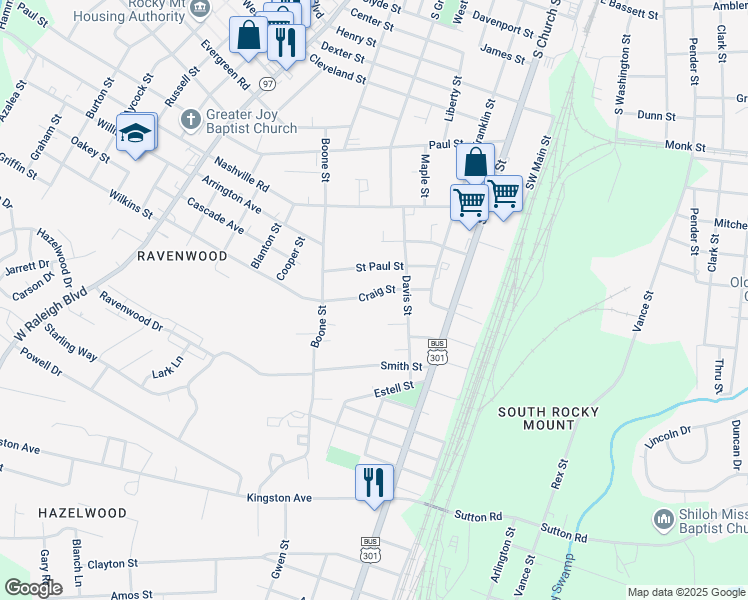 map of restaurants, bars, coffee shops, grocery stores, and more near 425 Craig Street in Rocky Mount