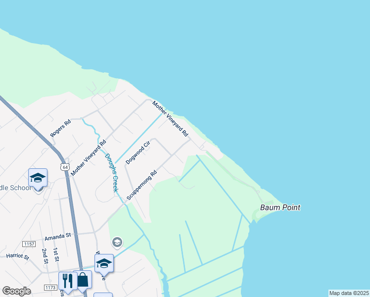map of restaurants, bars, coffee shops, grocery stores, and more near 280 Mother Vineyard Road in Manteo