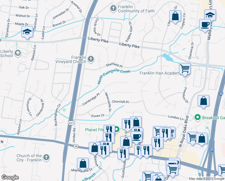 map of restaurants, bars, coffee shops, grocery stores, and more near 203 Kensington Place in Franklin
