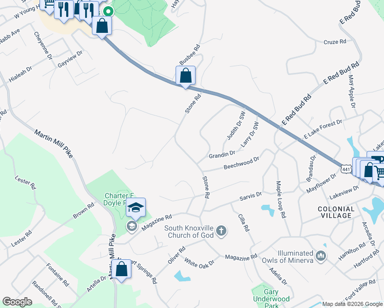 map of restaurants, bars, coffee shops, grocery stores, and more near 206 Stone Road in Knoxville