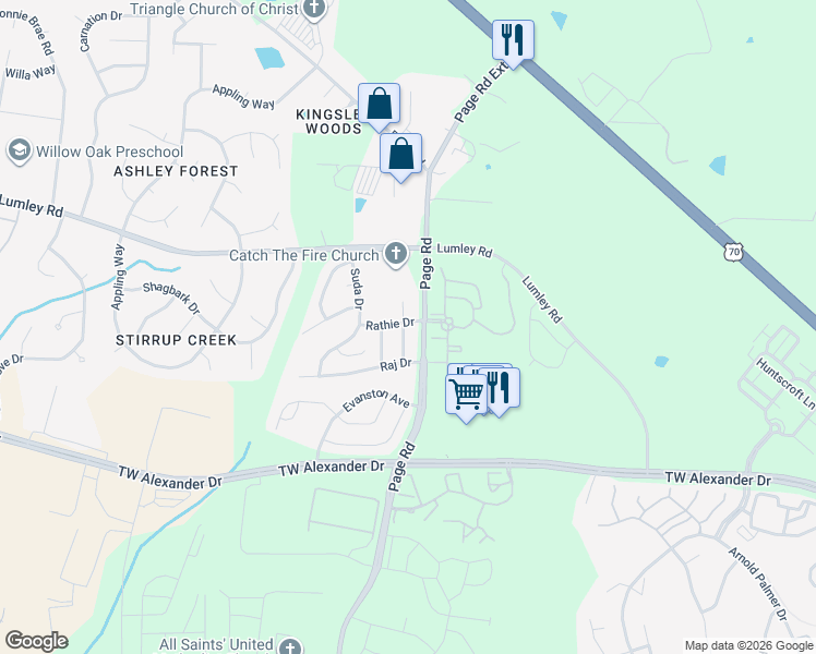 map of restaurants, bars, coffee shops, grocery stores, and more near 2332 Page Road in Durham