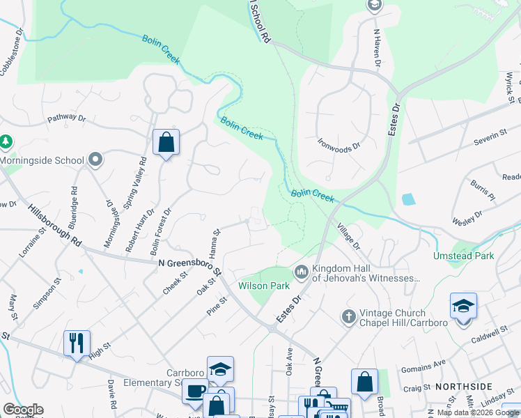 map of restaurants, bars, coffee shops, grocery stores, and more near 193 Viburnum Way in Carrboro