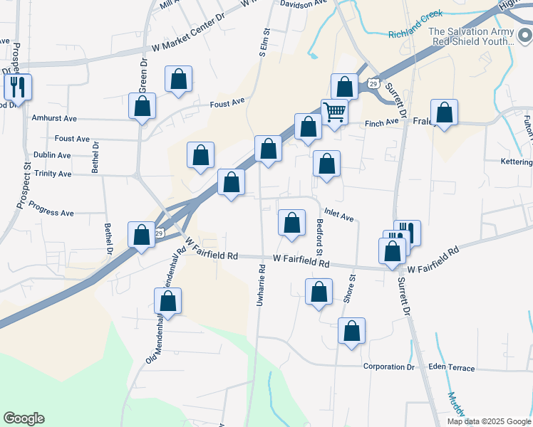 map of restaurants, bars, coffee shops, grocery stores, and more near 2625 Uwharrie Road in High Point