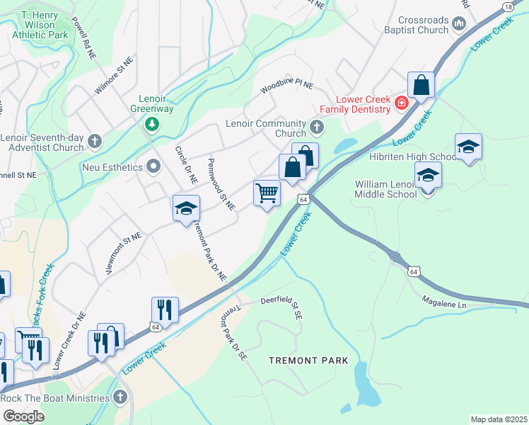 map of restaurants, bars, coffee shops, grocery stores, and more near 847 Wilkesboro Boulevard Northeast in Lenoir