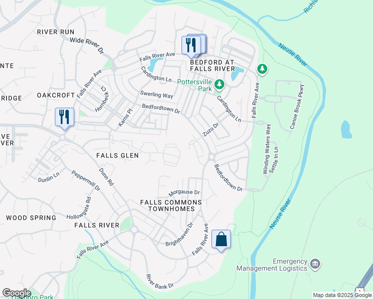 map of restaurants, bars, coffee shops, grocery stores, and more near 2205 Banks Hill Row Road in Raleigh