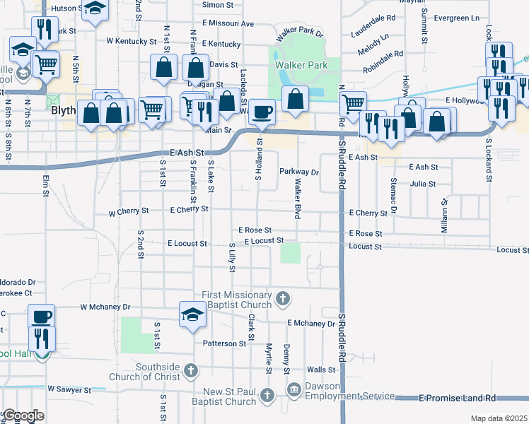 map of restaurants, bars, coffee shops, grocery stores, and more near 507 E Cherry St in Blytheville
