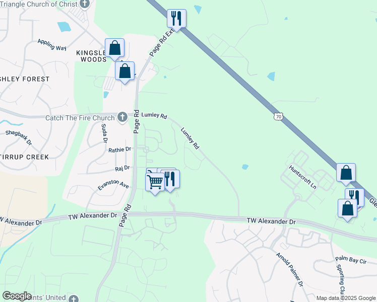 map of restaurants, bars, coffee shops, grocery stores, and more near 5700 Terrier Place in Morrisville