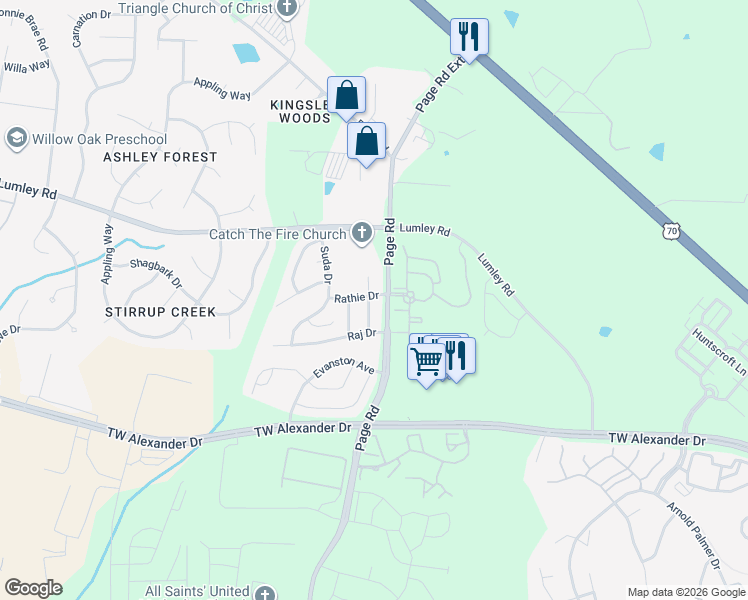 map of restaurants, bars, coffee shops, grocery stores, and more near 2332 Page Road in Durham