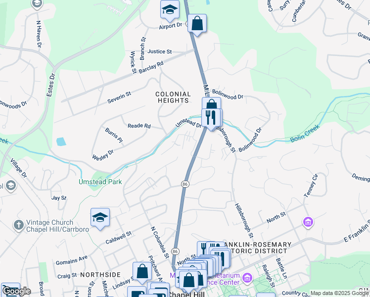 map of restaurants, bars, coffee shops, grocery stores, and more near 205 Sunrise Lane in Chapel Hill