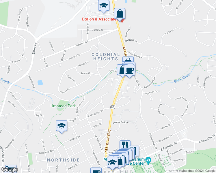 map of restaurants, bars, coffee shops, grocery stores, and more near 205 Sunrise Lane in Chapel Hill