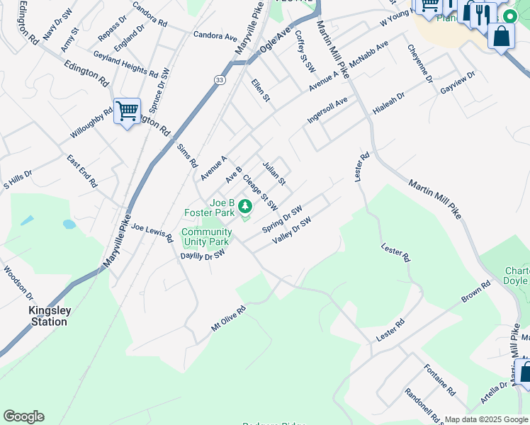 map of restaurants, bars, coffee shops, grocery stores, and more near 1001 Drive East in Knoxville