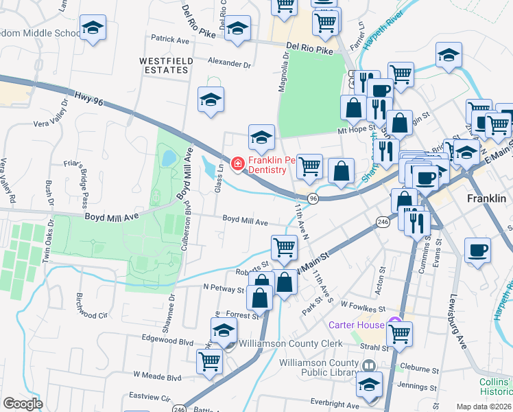 map of restaurants, bars, coffee shops, grocery stores, and more near 112 Cottage Lane in Franklin