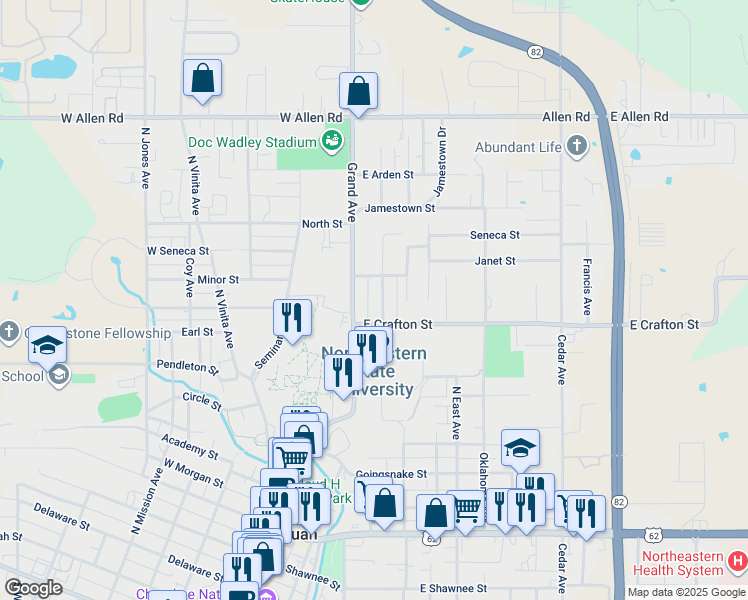map of restaurants, bars, coffee shops, grocery stores, and more near 914 North Grand Avenue in Tahlequah