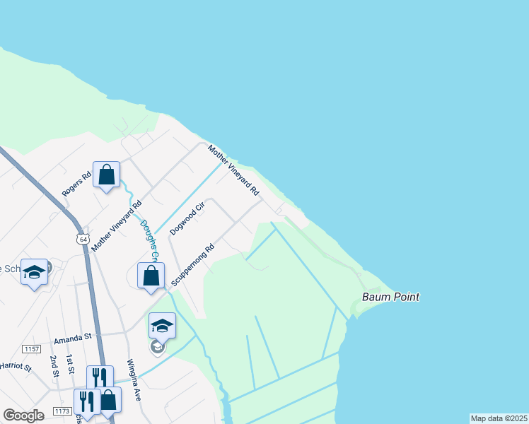 map of restaurants, bars, coffee shops, grocery stores, and more near 280 Mother Vineyard Road in Manteo
