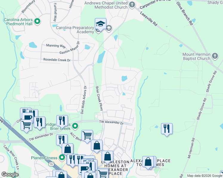 map of restaurants, bars, coffee shops, grocery stores, and more near 110 Shale Creek Drive in Durham