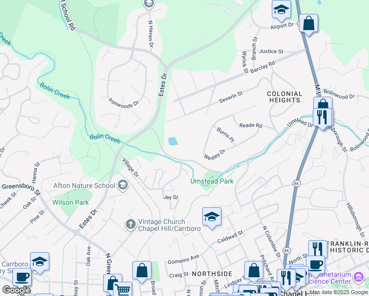 map of restaurants, bars, coffee shops, grocery stores, and more near 351 Wesley Drive in Chapel Hill