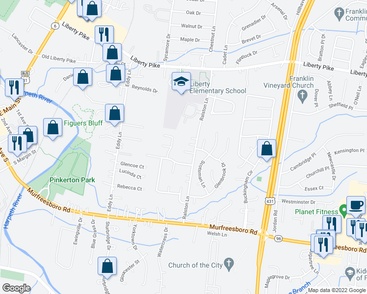 map of restaurants, bars, coffee shops, grocery stores, and more near 428 Dragonfly Court in Franklin