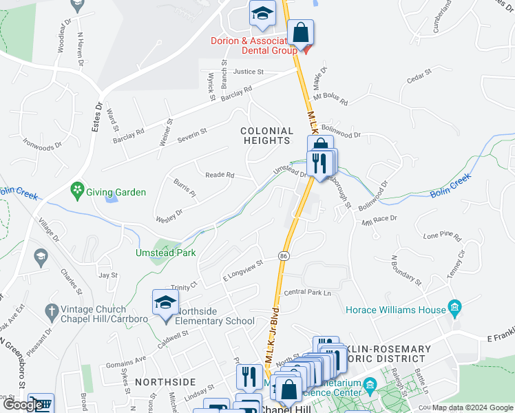 map of restaurants, bars, coffee shops, grocery stores, and more near 224 Greene Street in Chapel Hill